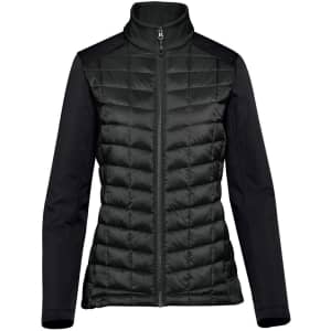 A women's softshell jacket in black, featuring a quilted front and smooth sleeves. It has a zip closure and a high collar.