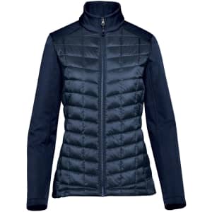 A women's softshell jacket in navy with a quilted front and a high collar, featuring a logo on the chest.
