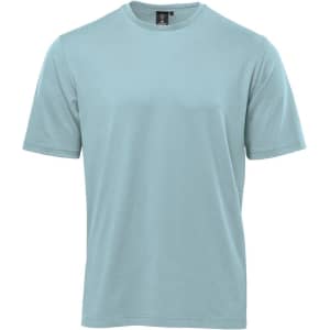 A light blue men's t-shirt with a simple design and short sleeves, featuring a logo on the collar.