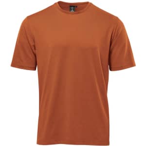A brown men's t-shirt with short sleeves and a round neckline, featuring a logo on the label.