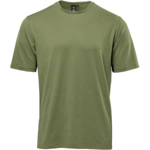 A men's short-sleeve t-shirt in olive green with a plain design and a logo on the label.