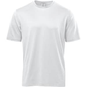 A plain white T-shirt featuring short sleeves, designed as a men's casual tee. It includes a logo on the label.