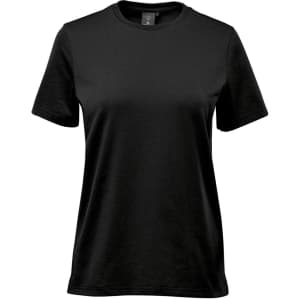 A black women's T-shirt featuring short sleeves and a classic crew neck, with a logo on the label.