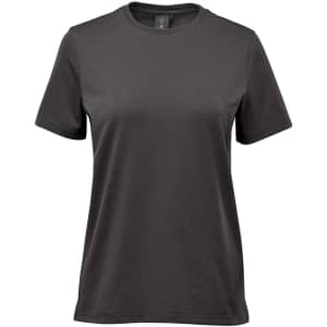 A grey women's t-shirt with short sleeves, featuring a plain design and a logo on the label.