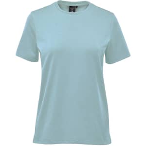 A light blue women's t-shirt with short sleeves and a tag, featuring a logo on the label.