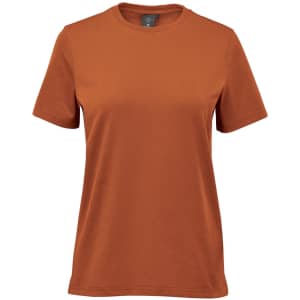 A short-sleeve women's t-shirt in a rich orange colour, featuring a simple design and a logo.