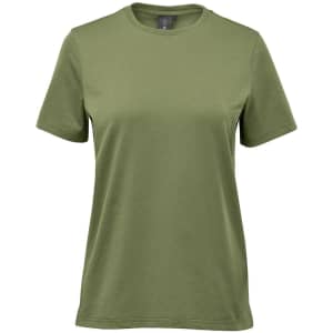 A women's T-shirt in olive green with a classic crew neckline and short sleeves, featuring a logo.
