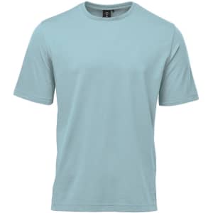 A light blue men's t-shirt with short sleeves and a round neckline. It features a logo on the label.