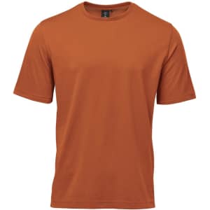 An orange men's t-shirt with short sleeves and a round neckline. It features a branding logo.