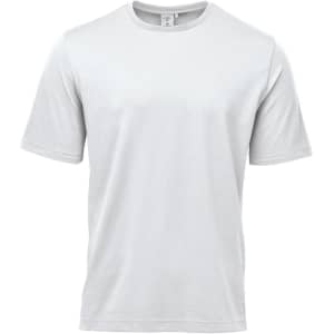 A plain white men's t-shirt with short sleeves, featuring a logo on the label.