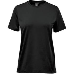 A women's short-sleeve t-shirt in black, featuring a simple design and a logo.