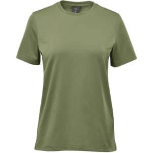An olive green women's t-shirt with a classic crew neckline and short sleeves. Features a logo on the label.