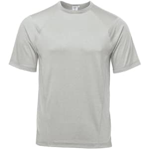 A grey, short-sleeved men's T-shirt with a subtle sheen and a logo on the upper area.