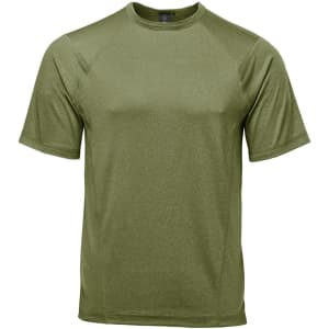 A green men's t-shirt featuring short sleeves and a logo on the front, designed for comfort.