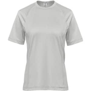 A light grey women's t-shirt with short sleeves, featuring a raglan design and a logo on the front.