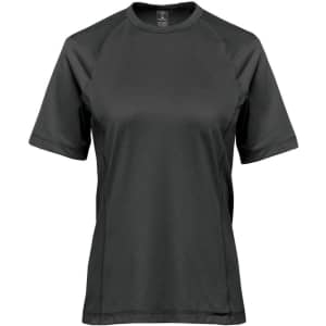 A women's short-sleeve t-shirt in dark green, featuring a logo on the front.