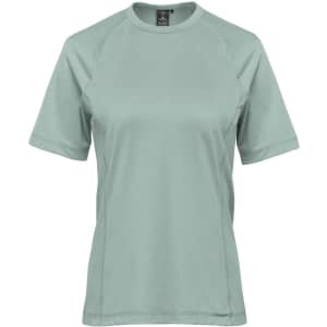 A light green women's t-shirt with short sleeves, featuring a logo on the label.
