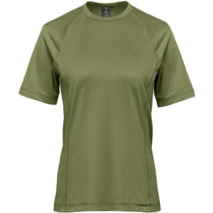 A green women's t-shirt with short sleeves and a round neckline. Features a logo on the fabric.