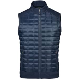 A navy blue men's thermal softshell vest featuring a quilted design and a zip closure. It has branding on the garment.