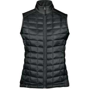 A black thermal softshell vest with a quilted design and a high collar, featuring a front zipper and no sleeves.