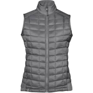 A grey women's thermal softshell vest with a zip front and a high collar, featuring quilted design and no sleeves.