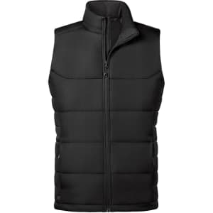 A black thermal vest featuring a zip closure and a puffer design. It has a branding logo.