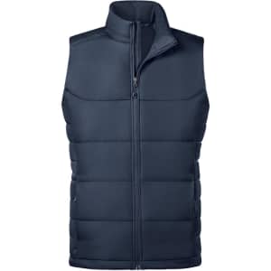 A navy thermal vest featuring a zip closure and a padded design, ideal for layering in cooler weather.