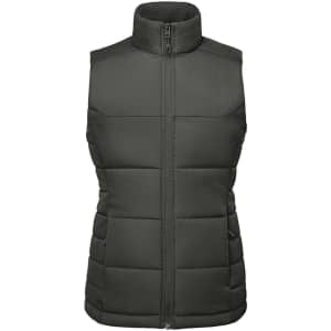 A women's thermal vest in dark green, featuring a zip-up front and a high collar design. It has a logo on it.