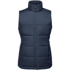A navy women's thermal vest with a zip front, featuring a high collar and padded design. It has a branding logo.