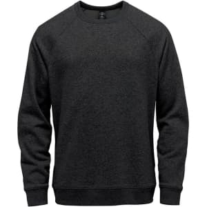 A men's crew neck sweater in dark grey, featuring a classic design and a logo on the front.