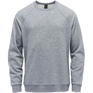 A grey fleece crew neck sweater with raglan sleeves and a logo on the front.