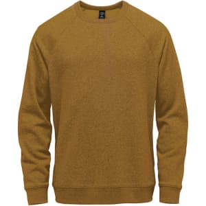 A mustard yellow men's fleece crew neck sweater with a simple design and a logo on the front.