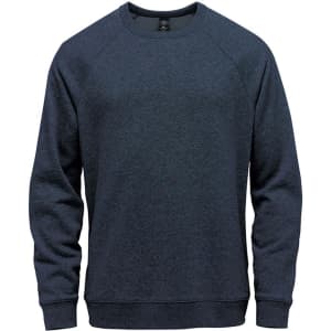 A navy blue men's fleece crew neck sweater with a ribbed neckline and cuffs. It features a logo on the front.