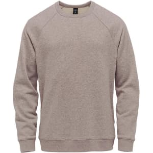 A men's crew neck sweater in a light taupe colour, featuring raglan sleeves and a logo on the neckline.