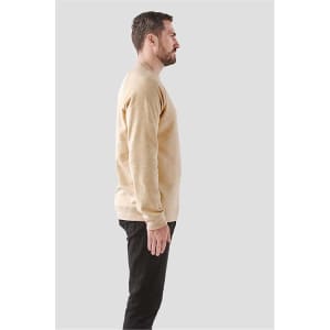 A side view of a men's crew neck sweater in a light beige colour, featuring a subtle texture and a brand logo.