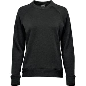 A dark green women's fleece crew neck jumper with a relaxed fit and long sleeves. It has a logo.