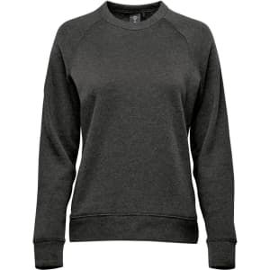 A dark grey women's crew neck fleece jumper with long sleeves and a ribbed hem. It features a logo.