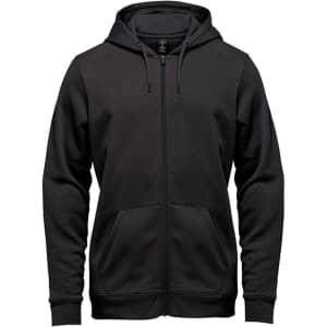 A black fleece full zip hoody with a hood and front pockets. It features a logo on the chest area.