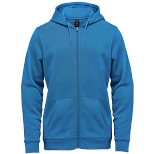 A blue fleece full zip hoody with a hood, front pockets, and a logo on the chest.