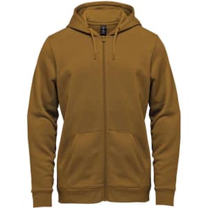 A men's full zip hoody in a rich brown colour, featuring a hood and front pockets. It includes a logo detail.