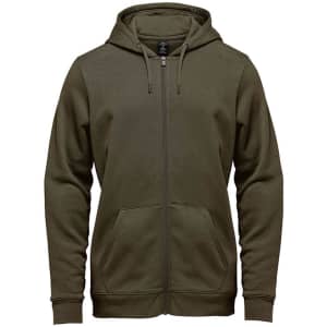 A green full zip fleece hoody featuring a hood and front pockets, designed for men. It includes a logo.