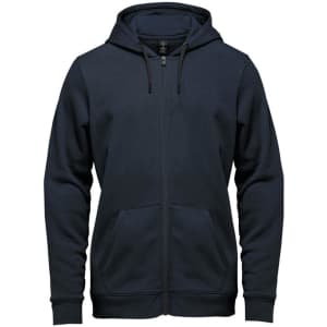 A navy fleece full zip hoody featuring a hood and kangaroo pockets, with a logo on the front.