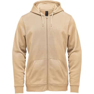 A beige men's fleece full zip hoodie with a hood and front pockets, featuring a logo.