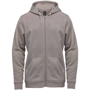 A light grey full zip hoodie featuring a hood and front pockets, with a small logo on the chest.