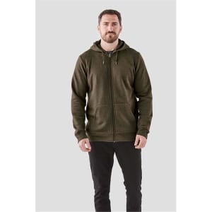 A man models a green fleece full zip hoodie with a hood and front pockets. It features a logo.