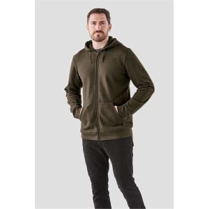 A man wearing an olive green fleece full zip hoodie with a hood and front pockets. The hoodie features a logo.