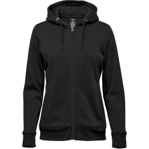 A women's full zip hoody in black, featuring a hood and a front zip closure, with a simple design and logo.