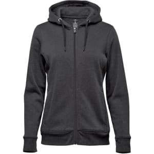 A women's full zip hoody in dark grey with a hood and front pockets, featuring a logo on the design.