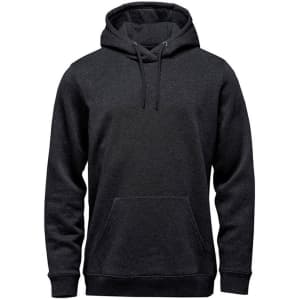A men's fleece pullover hoody in dark grey with a front pocket and adjustable drawstring hood.