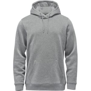 A grey men's fleece pullover hoody with a front pocket, featuring a drawstring hood and a logo.